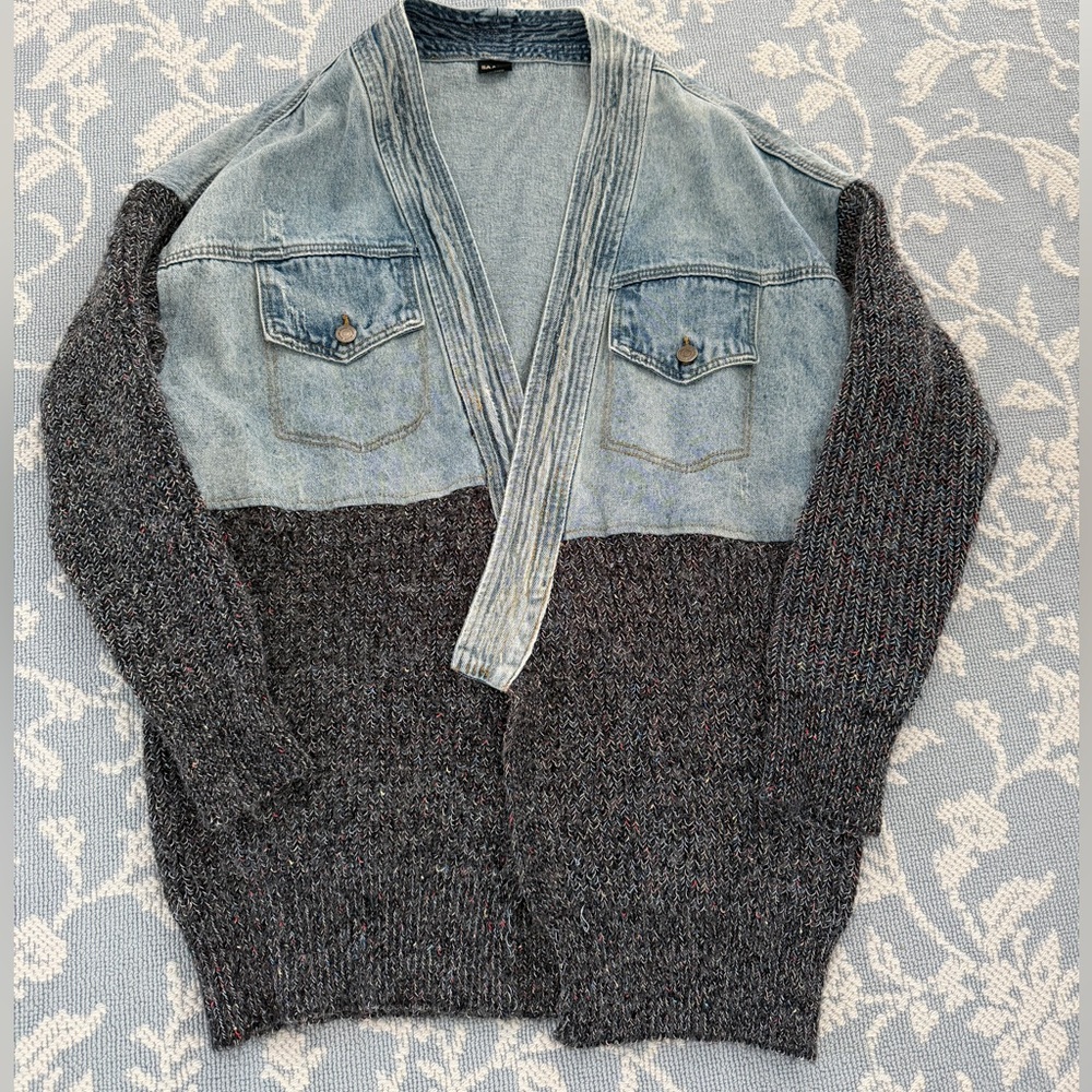 SAACHI Blue Denim and Charcoal Knit Mixed-Media Jacket